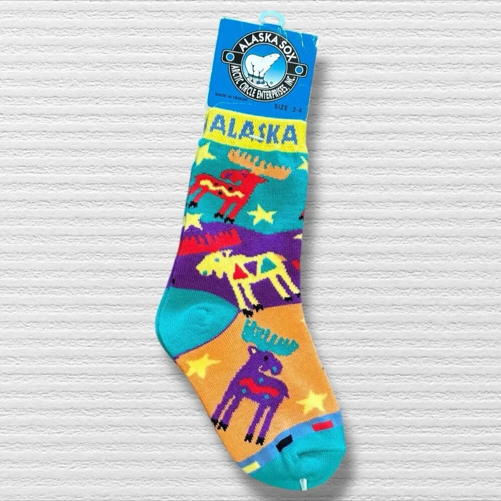 Vintage Alaska Moose Kids Crew Socks Colorful Wildlife Print Size 2–4 90s Y2K